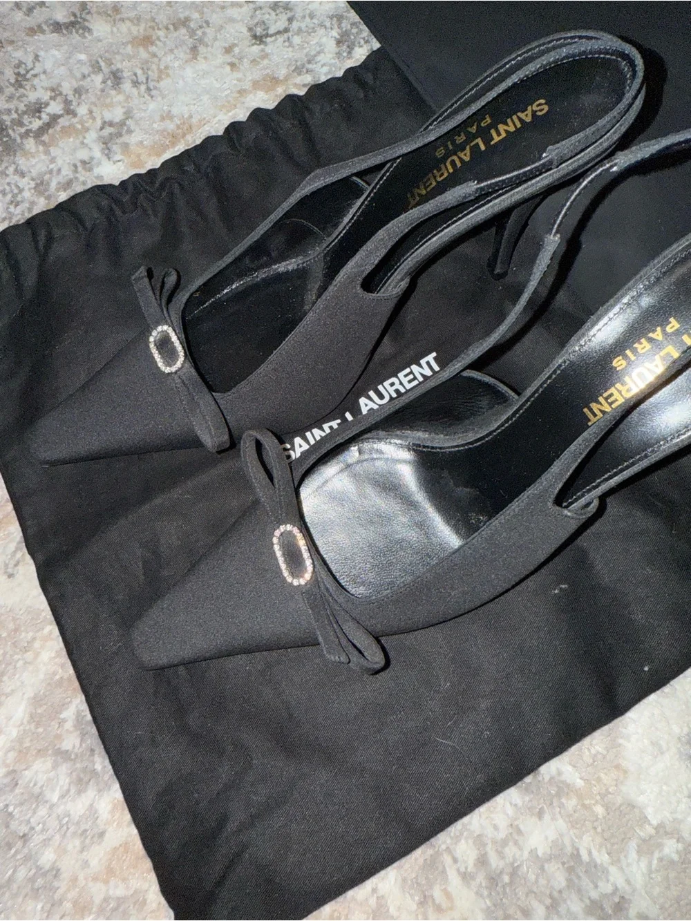 Saint Laurent Black Bow Slingback Heels with Crystal Buckle
